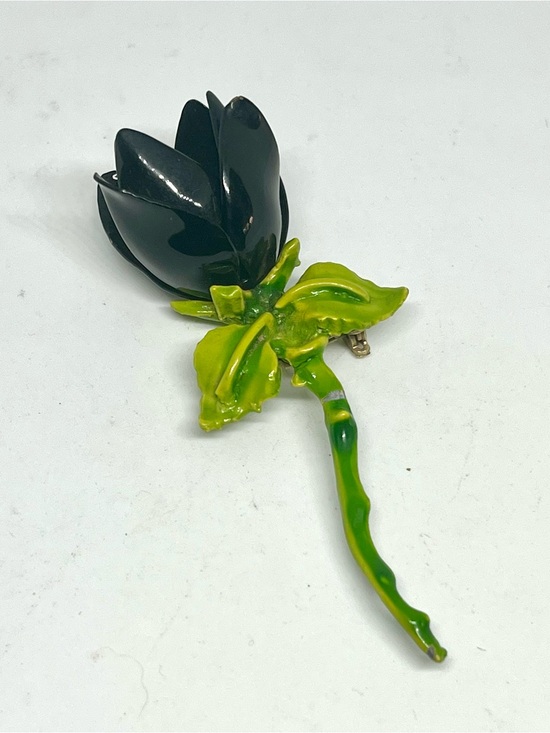 Jewelry - Enamel Black Flower Brooch with Lime Green Stem and Leaves